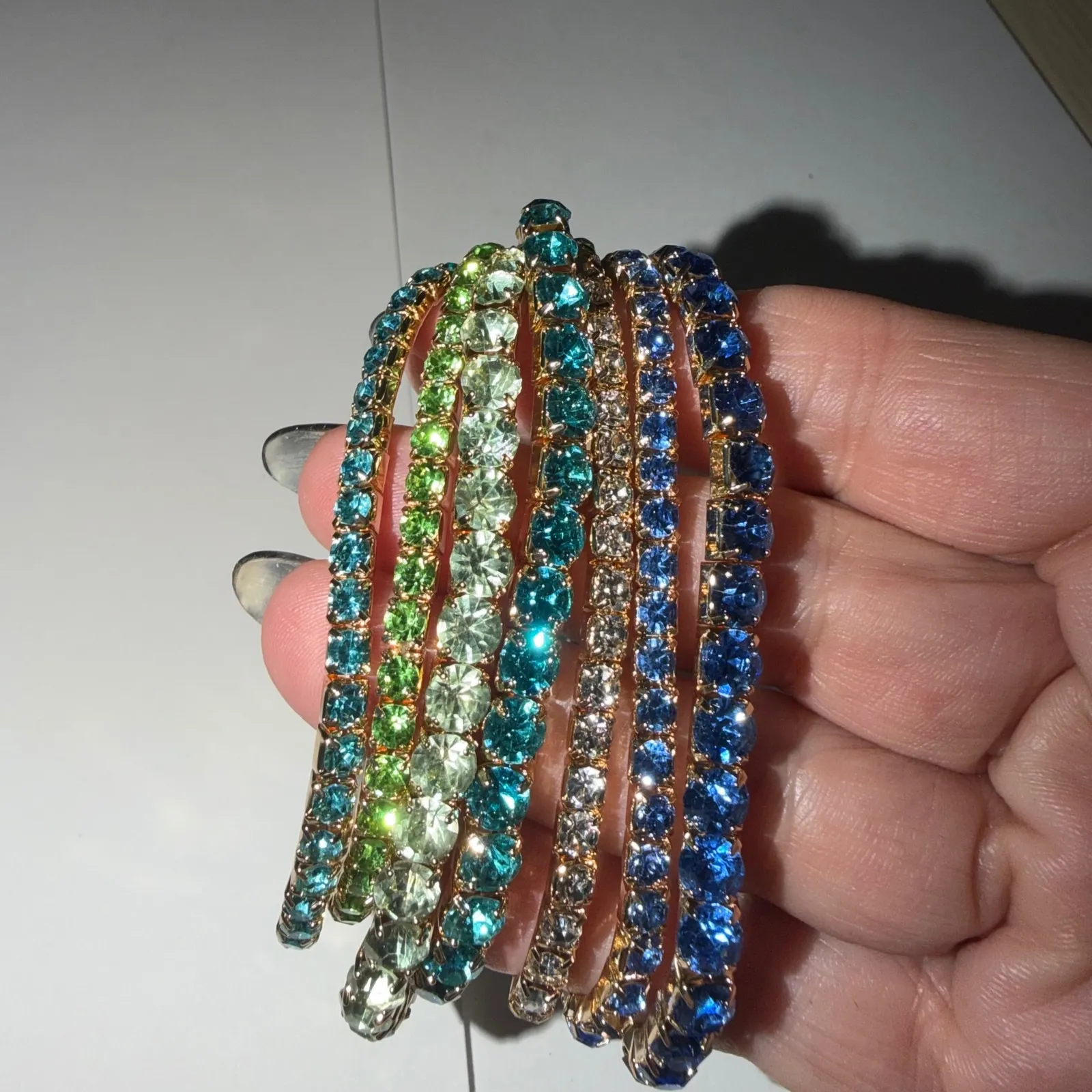 Bijoux Stretch Bracelets Set 7 Rhinestone Blue Green Gold Tone - Image 2