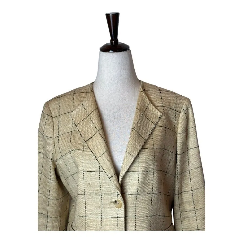 Max Mara Tan And Black Plaid Silk And‎ Linen Blend Two Button Blazer Size 12 - Image 4