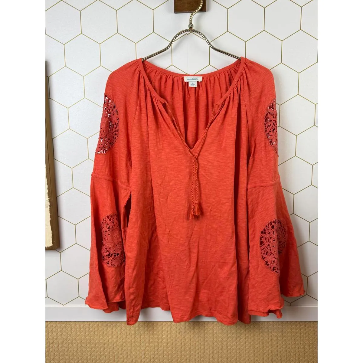 Sundance Orange Bell Sleeve Crochet Peasant Top - Size - Medium - Image 6