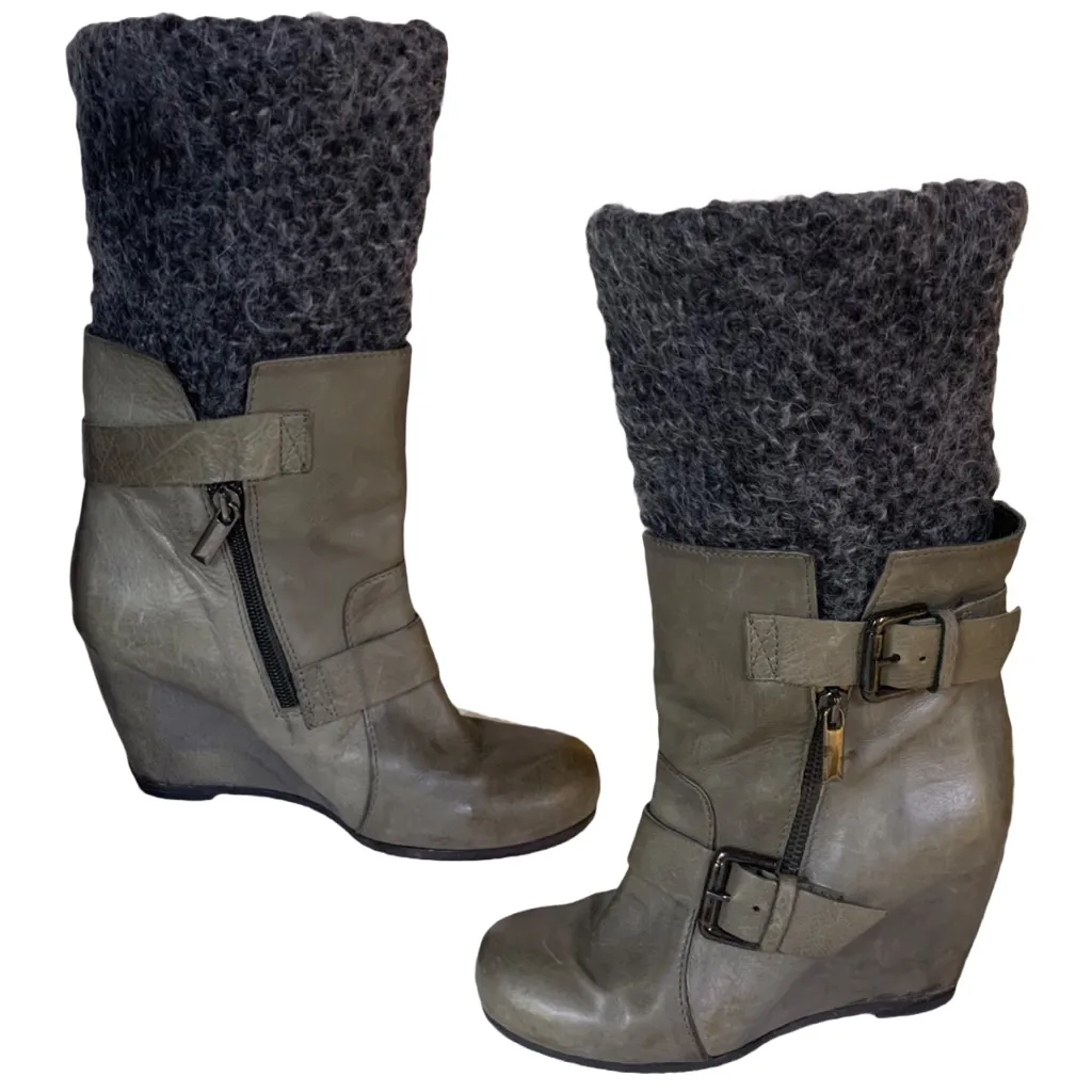 LATITUDE FEMME (ANTHROPOLOGIE) GRAY LEATHER WITH WOOL SOCK WEDGE HEEL BOOTS (36) - Image 5