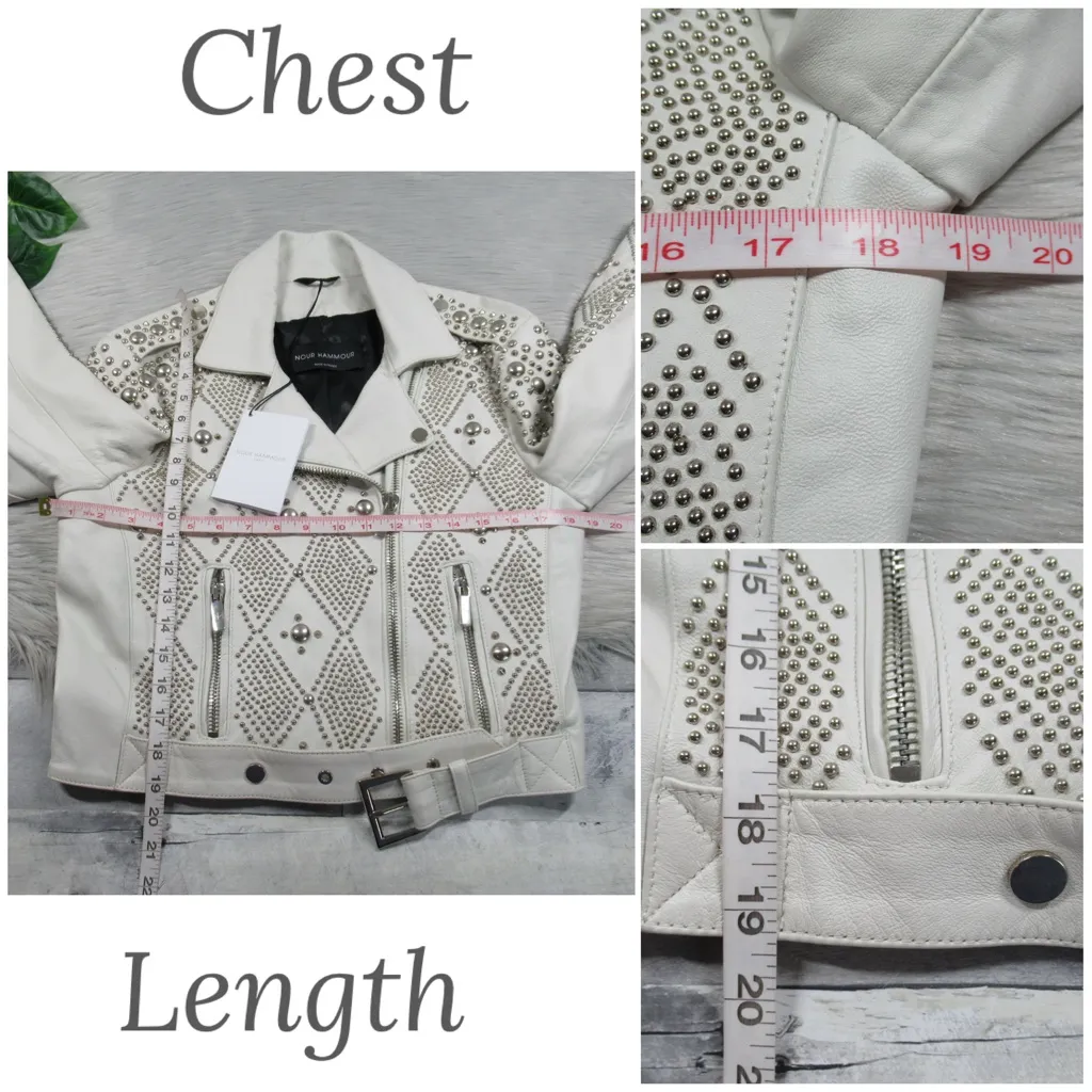 NOUR HAMMOUR White Studded Lambskin Leather Moto Jacket Women's 42 US Size 10 - Image 10