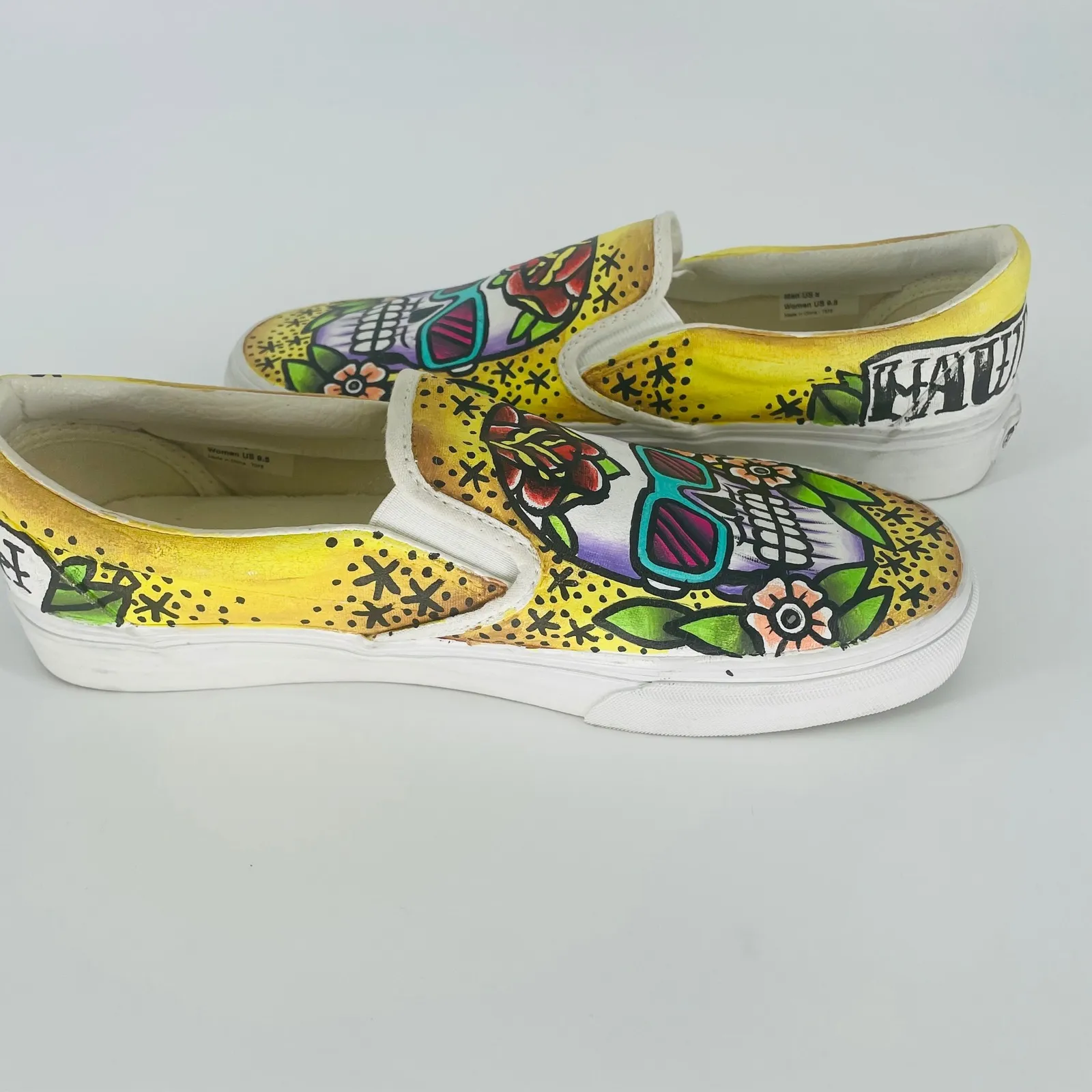 Vans Slip On Custom Painted Shoes Sugar Skull Rose Tattoo Art Yellow Size US 9.5 - Image 12