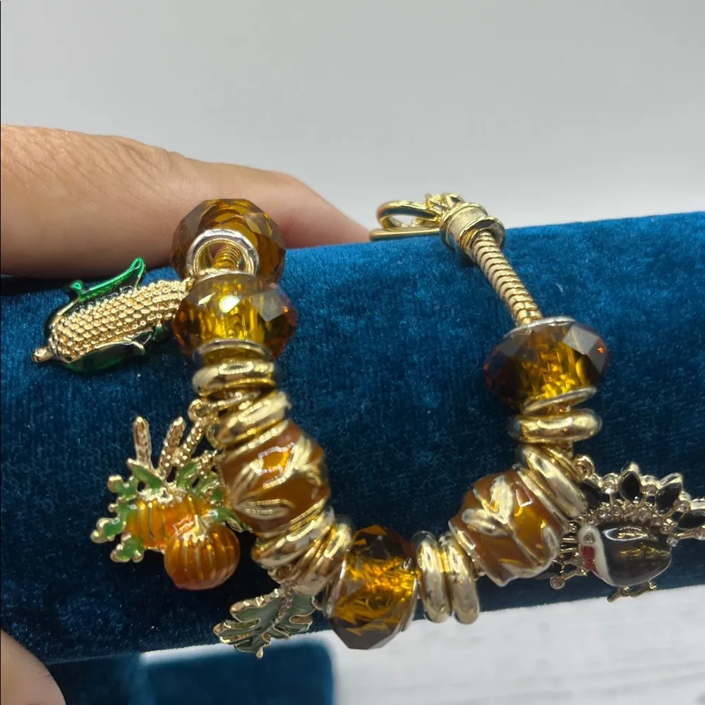 Fall Charm Bracelet Amber Colored Charms Turkey Pumpkin Leaf Corn Gold Tone - Image 10