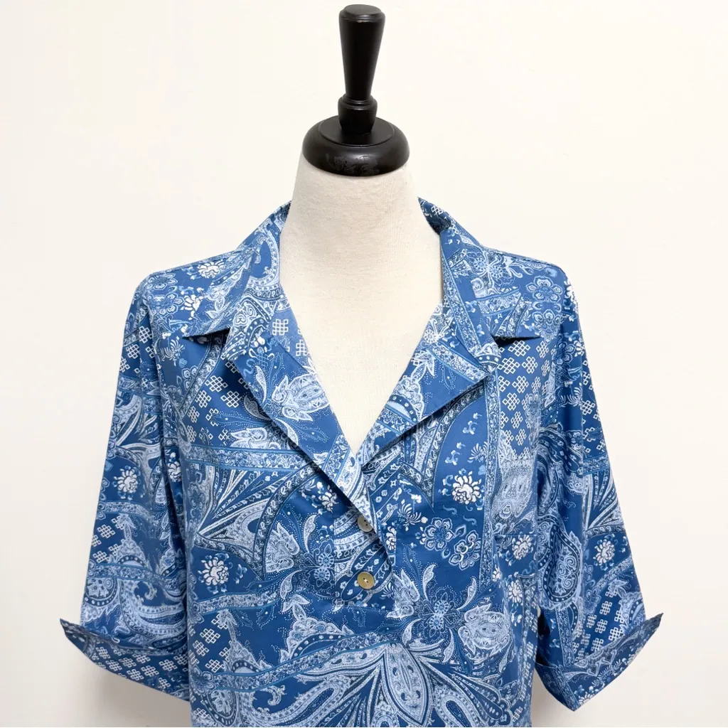 Hinson Wu Blue White Bandana Paisley 3/4 Sleeve V Neck Collar Charlotte Tunic Size L - Image 2