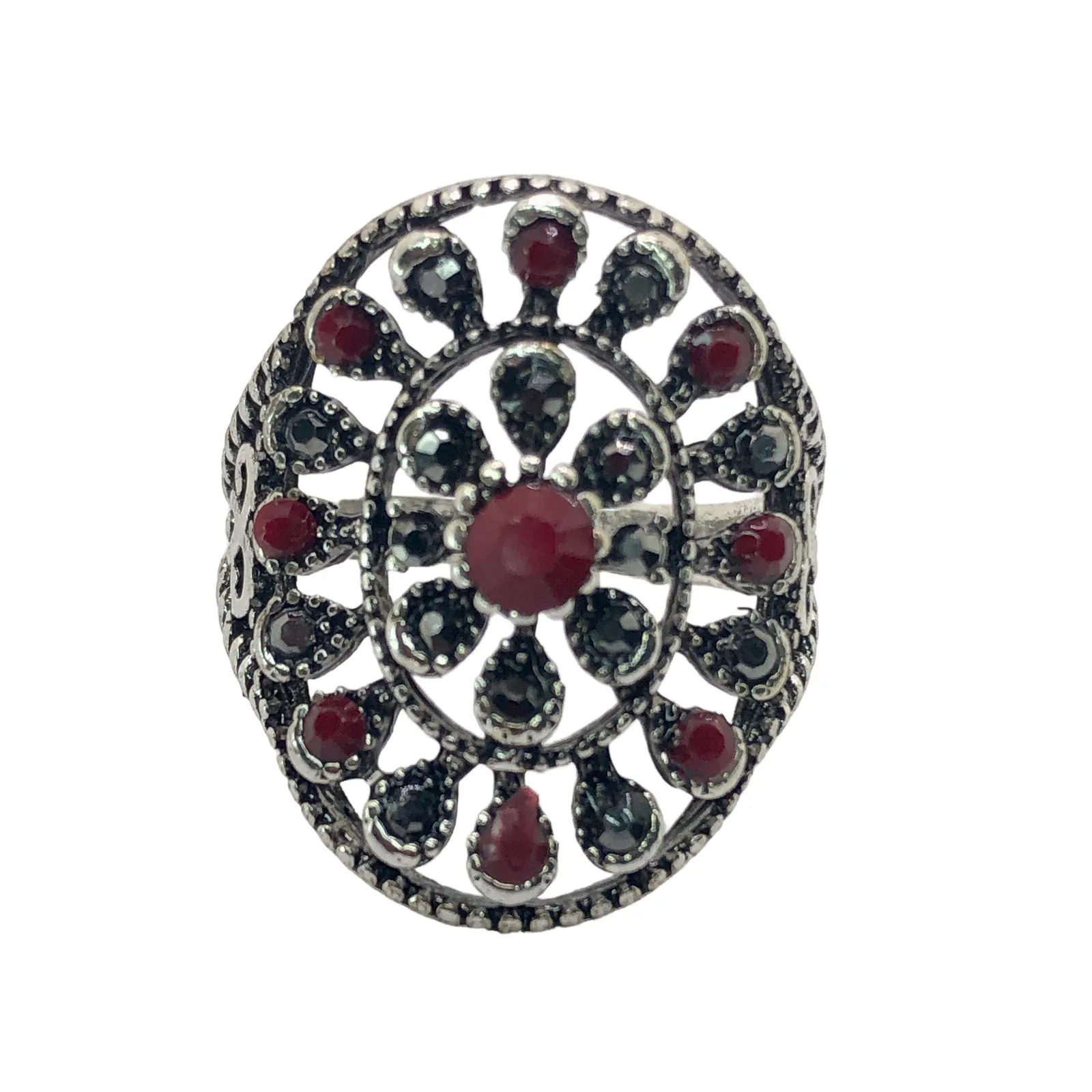 Silver, Red, and Black Rhinestone Statement Ring - Image 3