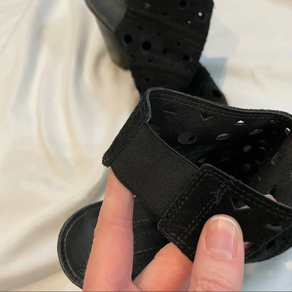 Topshop Black Leather Peep Toe Laser Cut Chunky Heel Ankle Boots Womens 37 Fall - Image 5