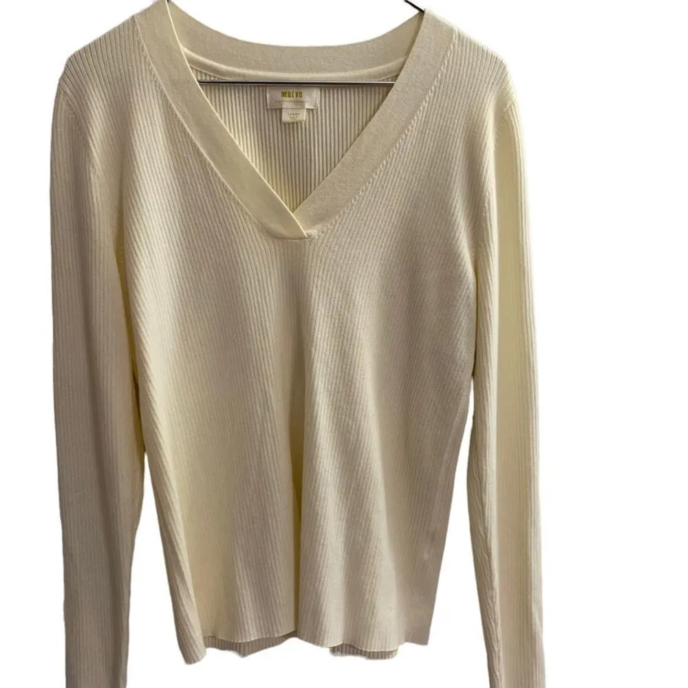 𝅺Mauve by Anthropologie Cream Ribbed Vneck Sweater - Image 4