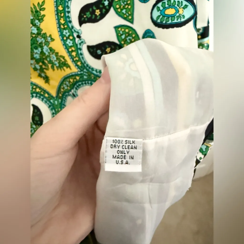 Alice & Trixie 100% Silk V-Neck Shift Wide Sleeve Green Yellow White Print Small - Image 5