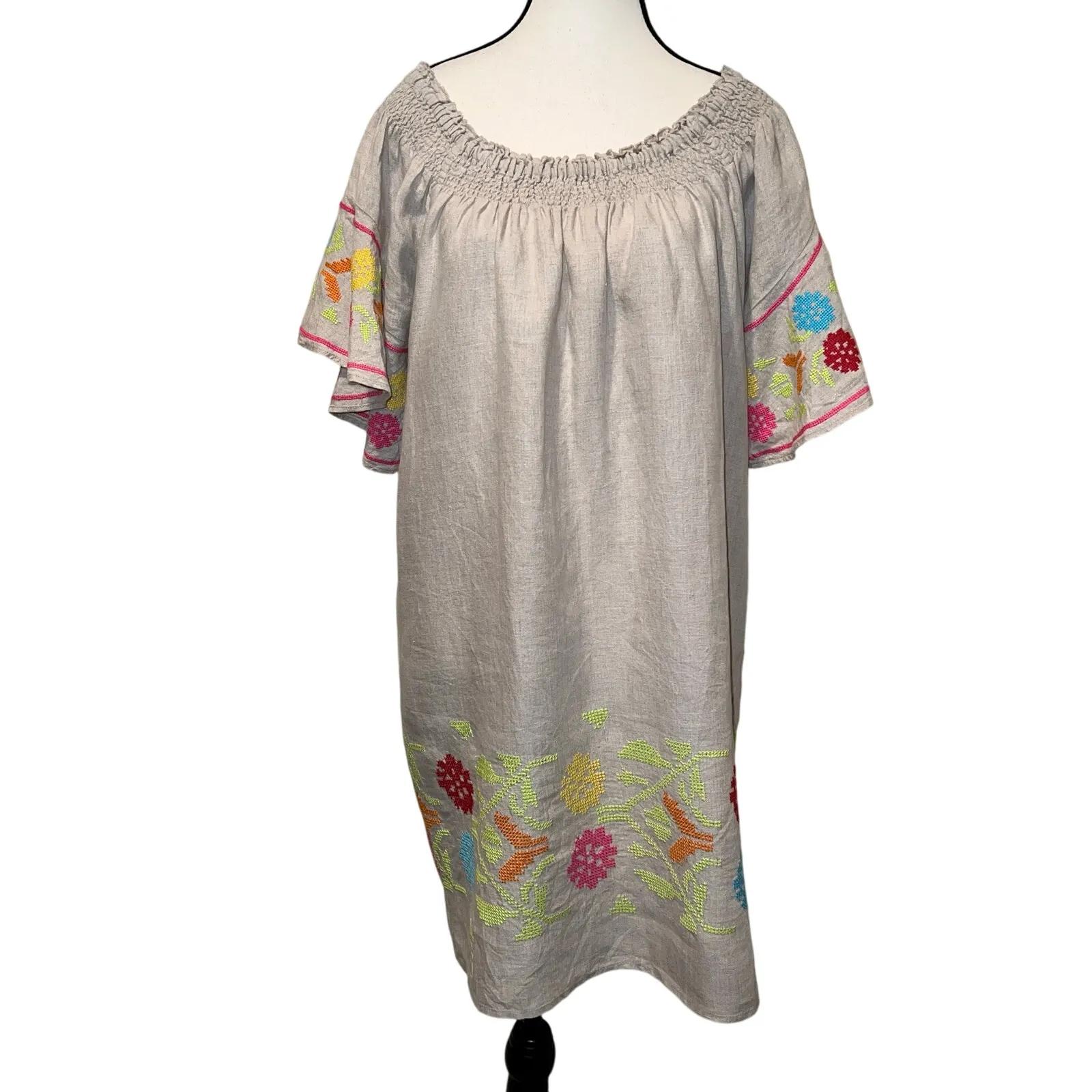 Uncle Frank Linen Cross Stitch Off Shoulder Tunic Peasant Dress Flax Size M - Image 6