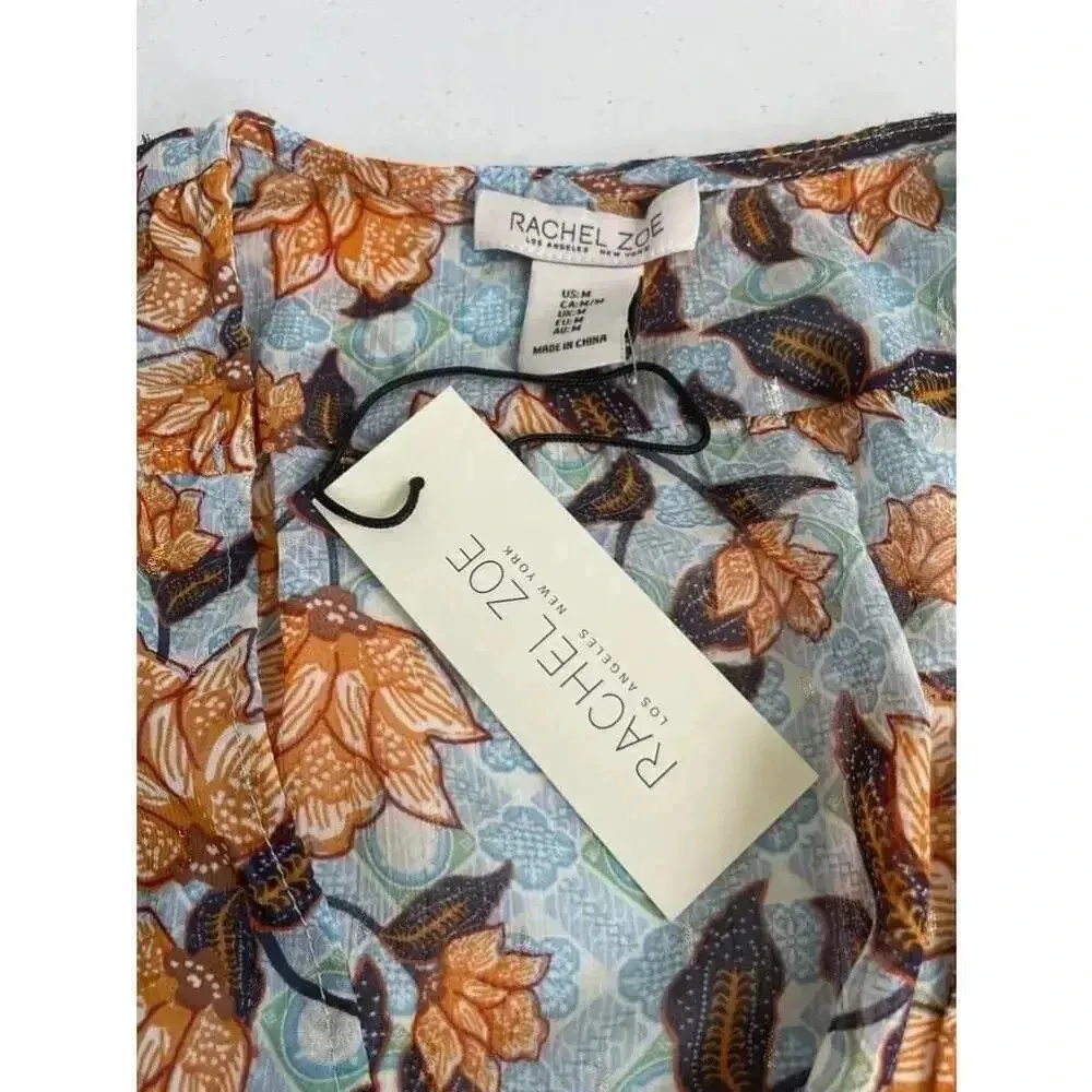 NWT Rachel Zoe Blue‎ Floral Wrap Top Size M Lotus Gold Thread 0159 - Image 9
