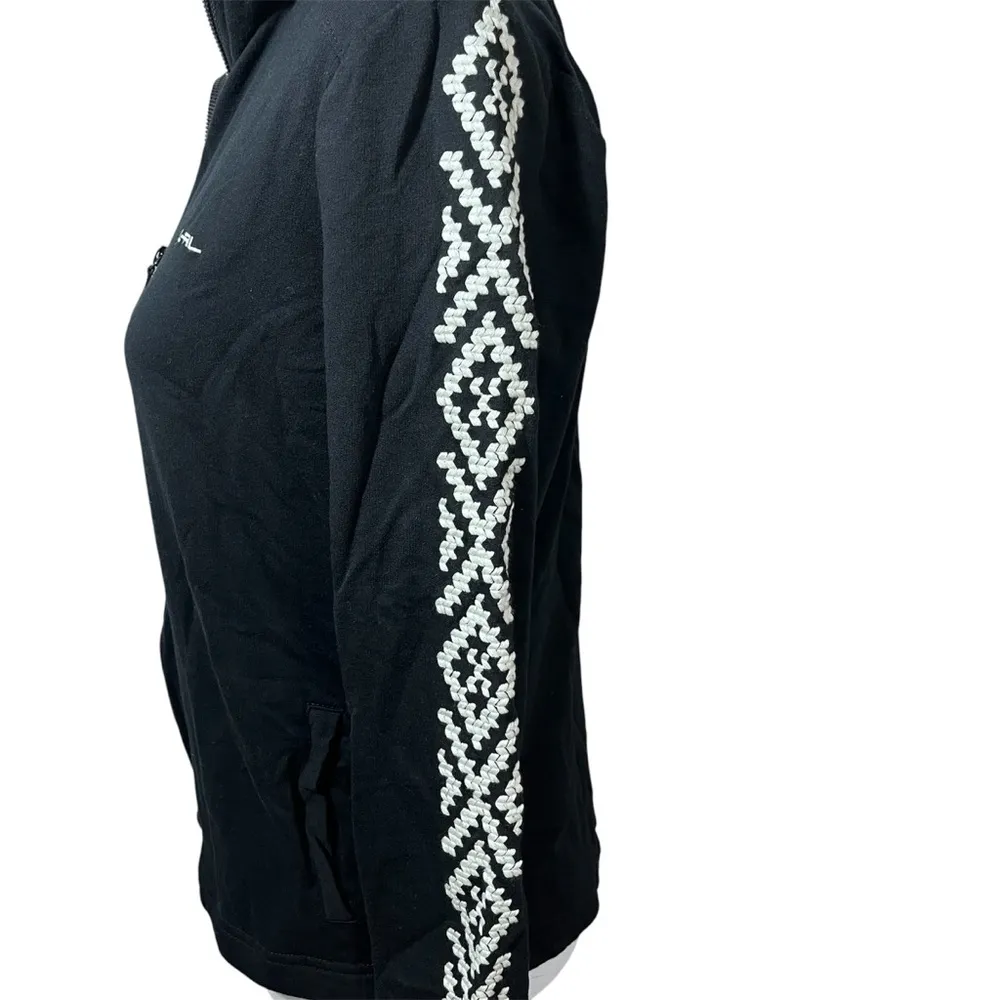 Lauren Ralph Lauren Sport Black Zip Front Jacketet with embroidered sleeves Size M - Image 4