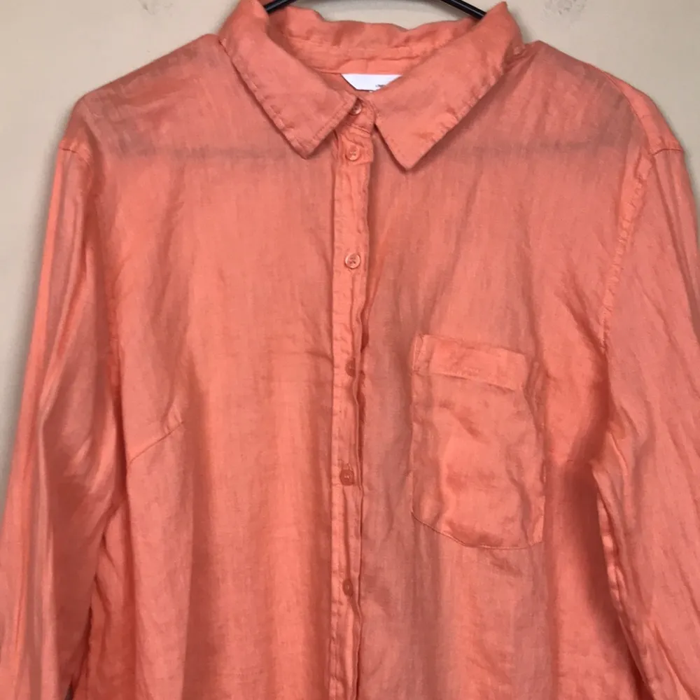H&M Women’s Linen Orange Button-Up Hi-Low Long Sleeve Shirt - Image 2