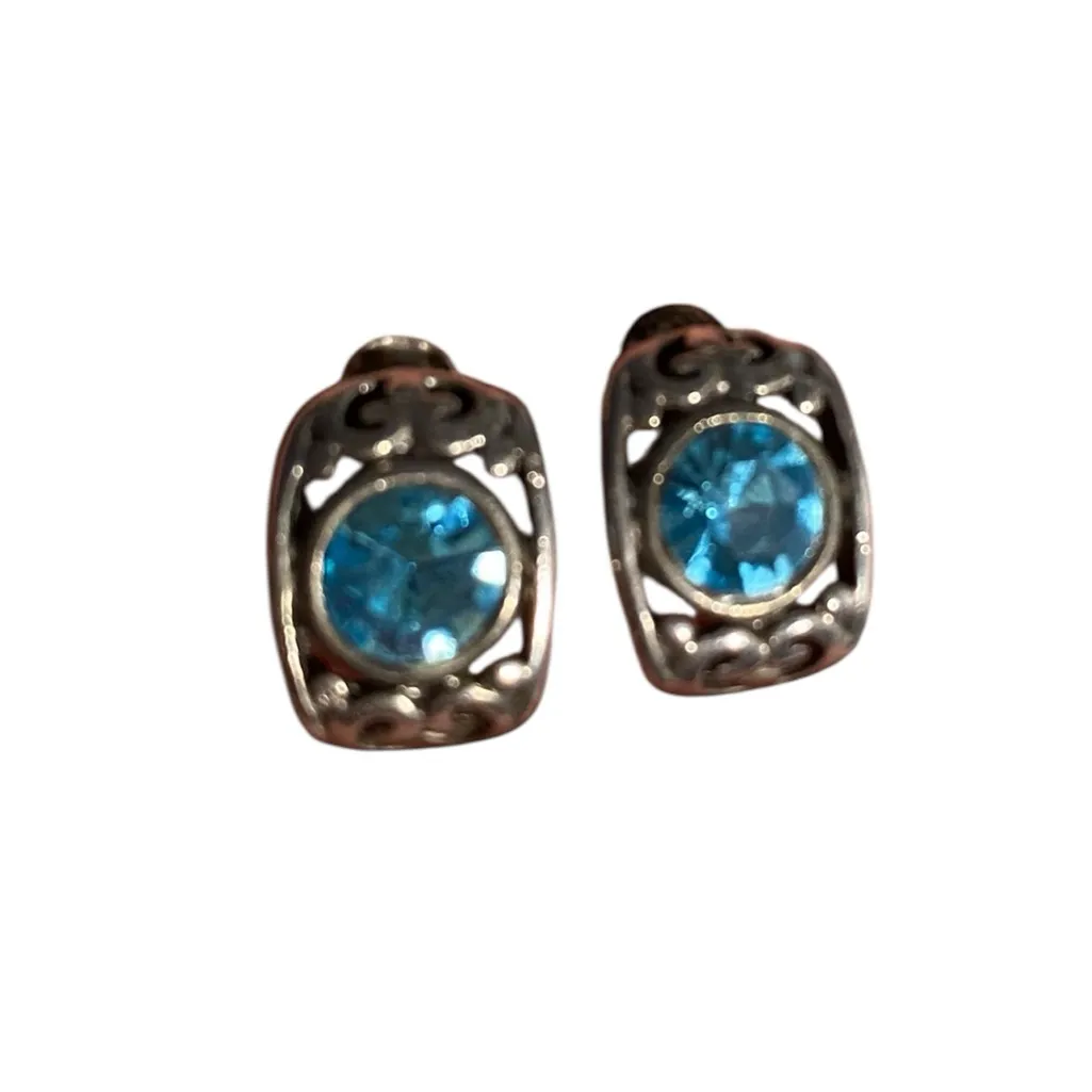 Vintage Brighton Y2K silver blue topaz stud earring ornate Filigree Heart design - Image 3
