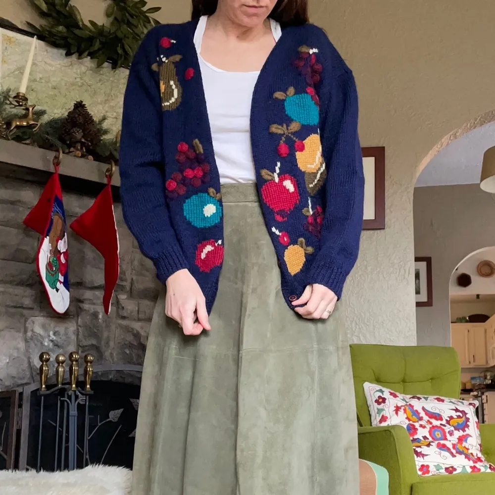 Vintage fruity chunky knit cardigan by Allen Solly in Nottingham, England Blue Size M - Image 2