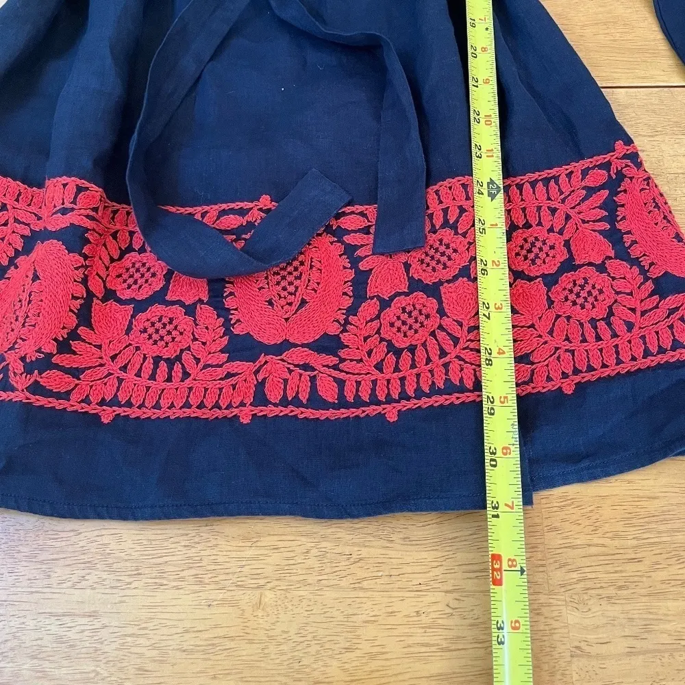 J.Crew XS S Navy Linen Oversized Short Dress Belted Red Floral Embroidered Tunic - Image 10