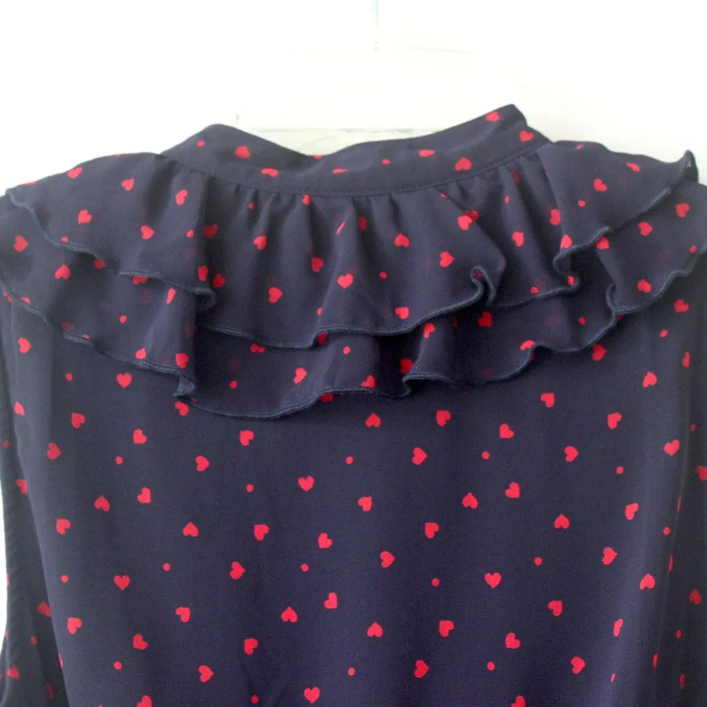 Forever 21 Navy Blue Red Heart Pattern Sleeveless Belt Ruffle Midi Dress Small - Image 5