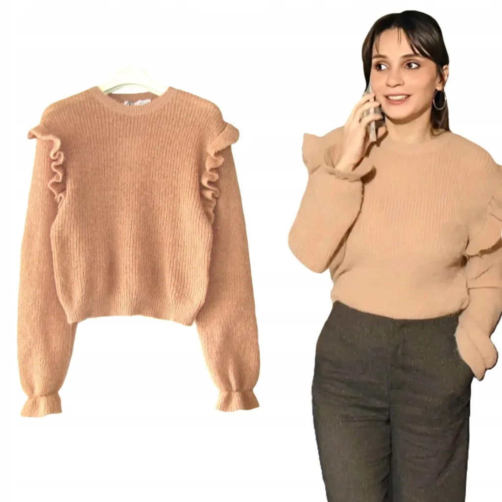 ZARA Camel Tan Ruffle Shoulder Crewneck Cropped Sweater Size Medium - Image 10