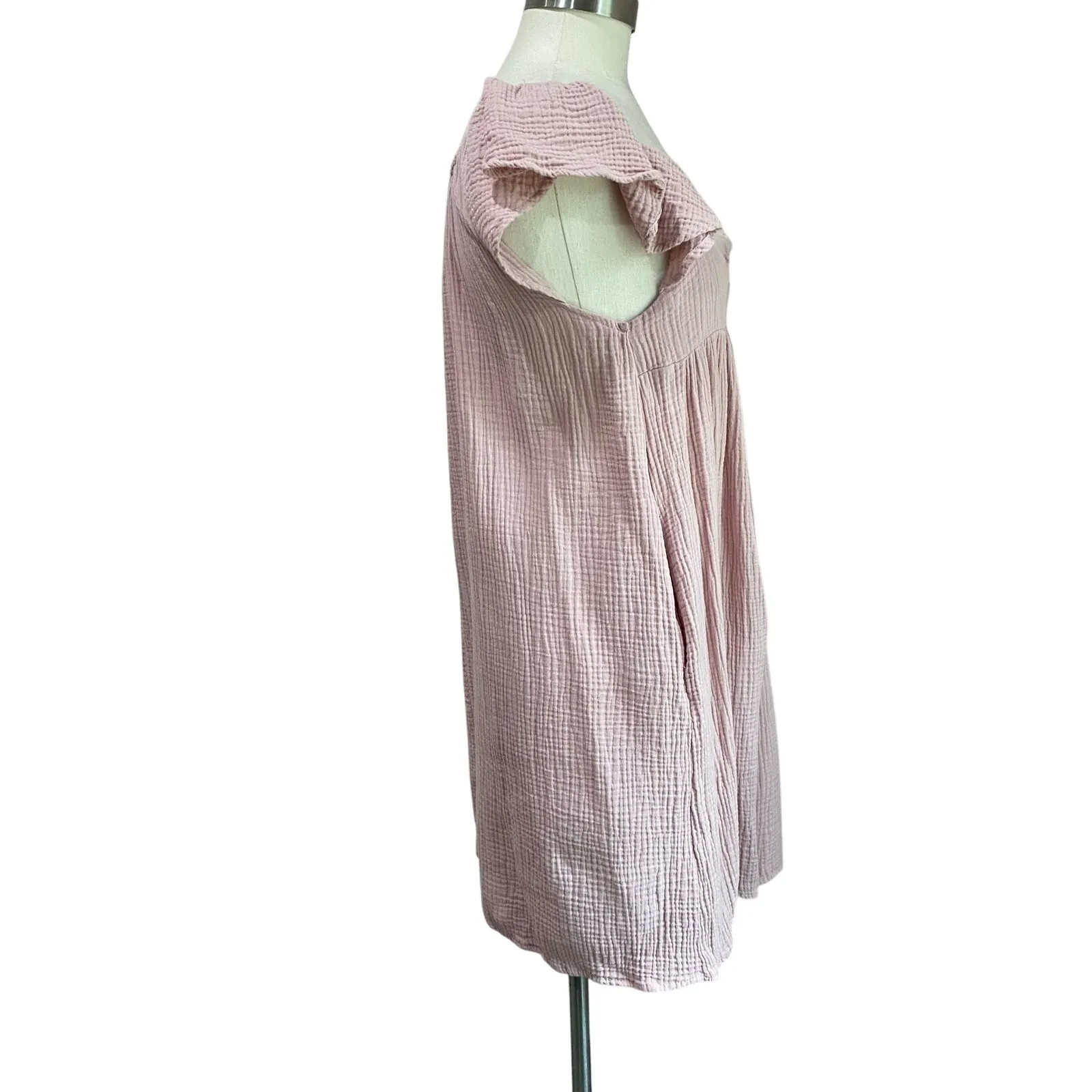 Ces Femme Pink Gauze Mini Dress M Short Sleeve Solid Flowy Boho Casual Size M - Image 3