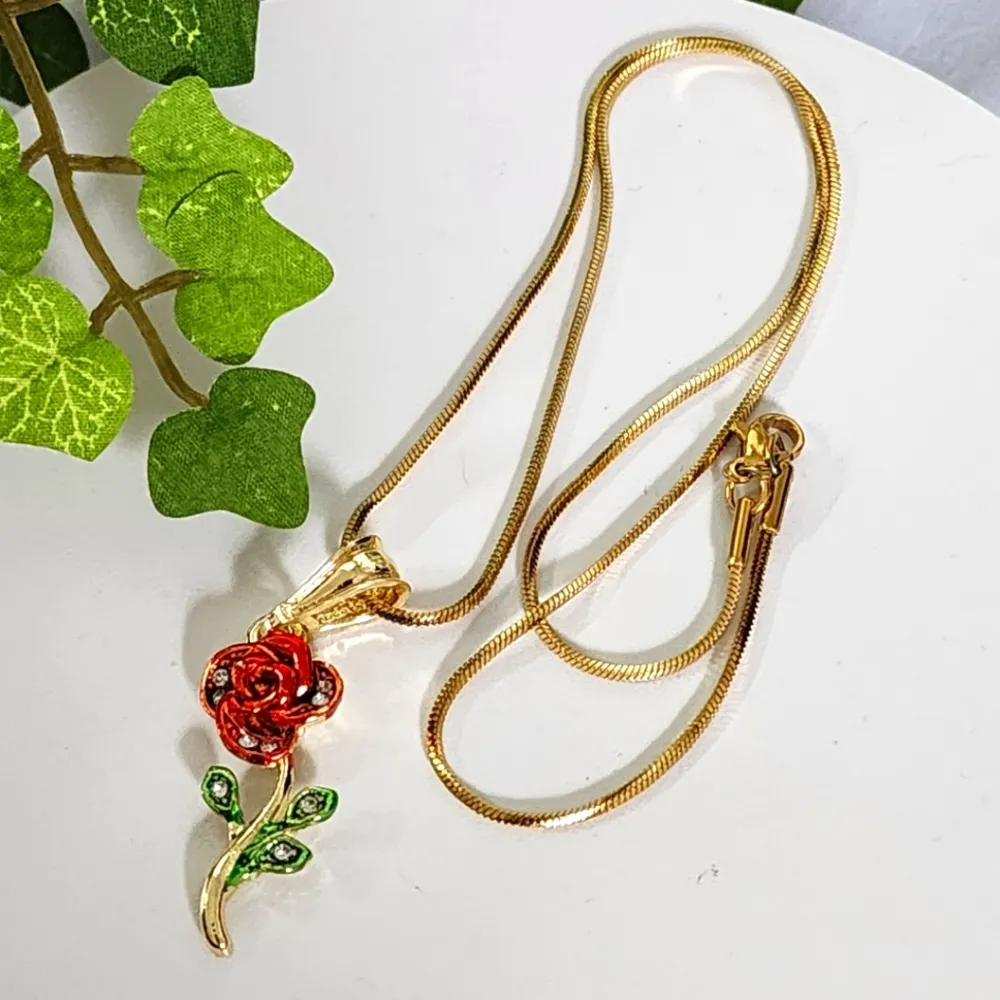Gold Red Rose Pendant with Gold Chain Necklace New - Image 3
