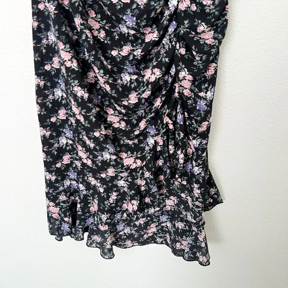 [Nasty Gal] Black Pink Floral Print Ruched Side Ruffle Hem Midi Skirt Size US 16 - Image 7