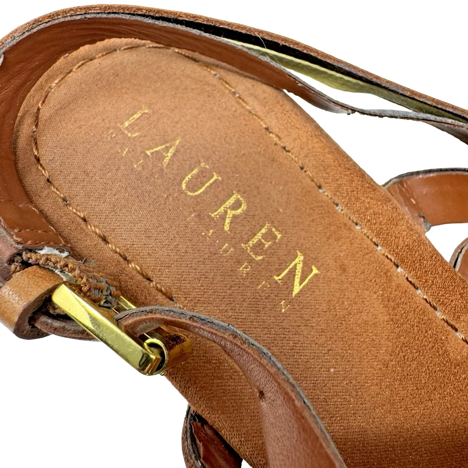 Lauren Ralph Lauren LRL Sandals Lucetta Brown Tan Leather Strappy Buckle Wms 7B - Image 8