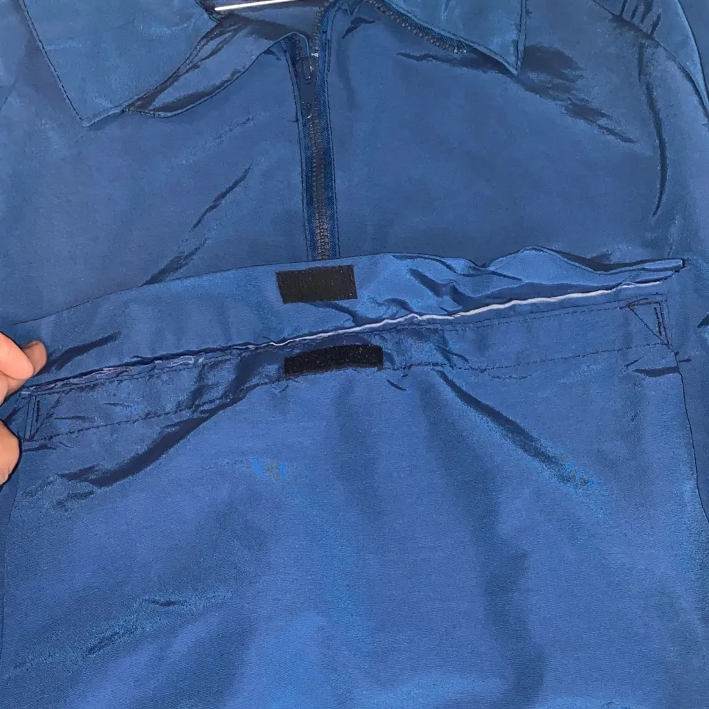 Blue Pullover with Red and Yellow Striped Hem Size L - Image 4