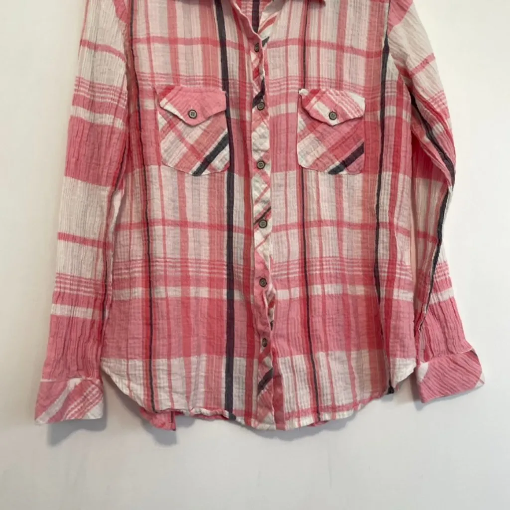 LOVESTITCH LOVE STITCH White Pink Coral Navy Plaid Long Sleeve Button Down Shirt - Image 3
