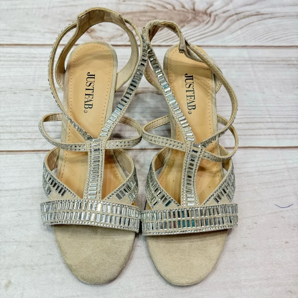 Just Fab Lilian Beige Strappy Wedge Sandals with Mirror Rhinestones Size 6 - Image 3