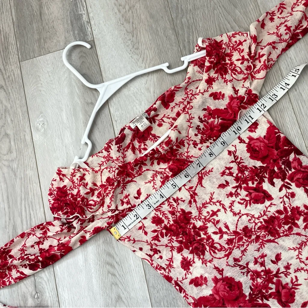 Vintage Mesh Top off shoulder floral crop womens Red Cream (small) y2k romantic - Image 3