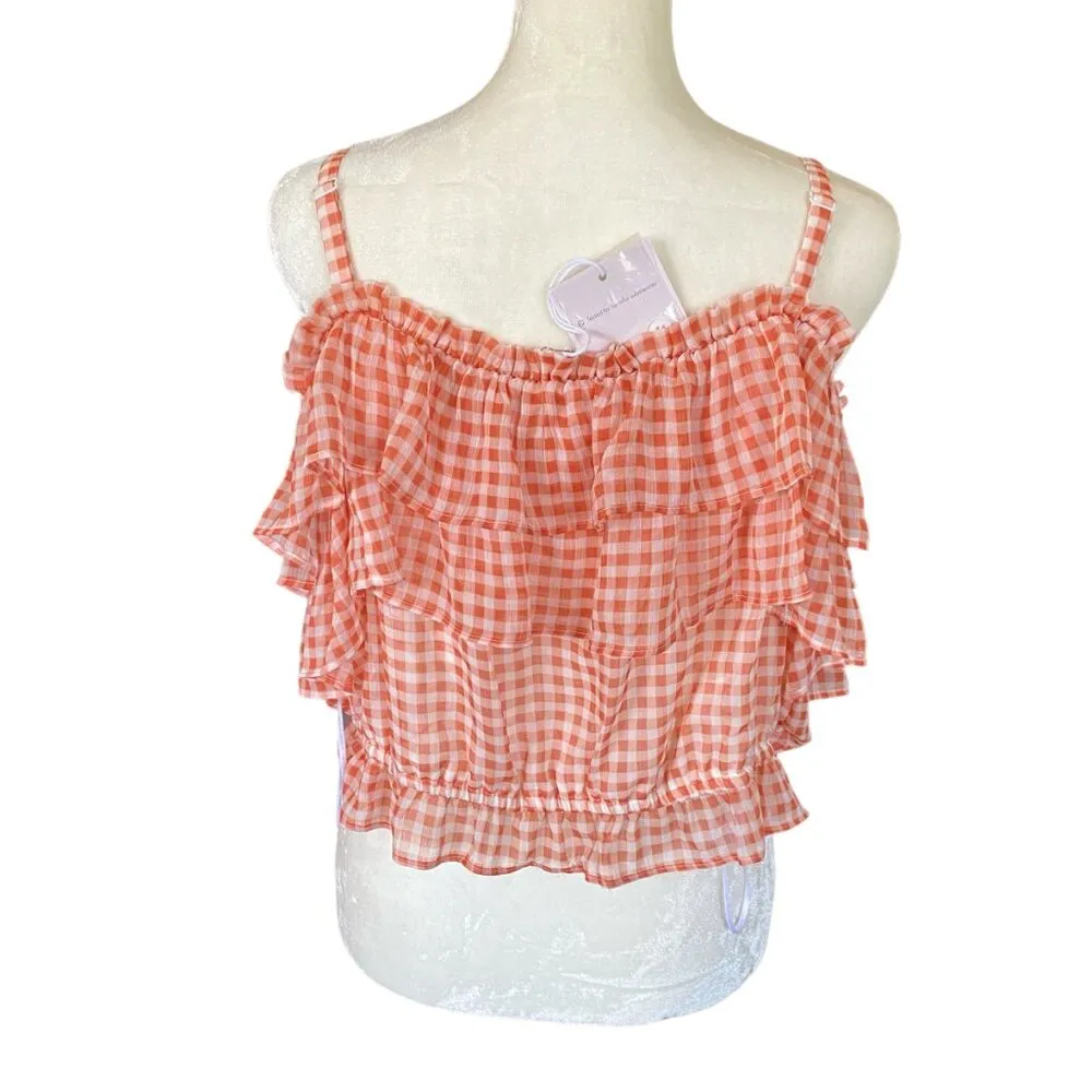 Lauren Conrad XL orange & white check off-the-shoulder sleeves women's crop top - Image 5