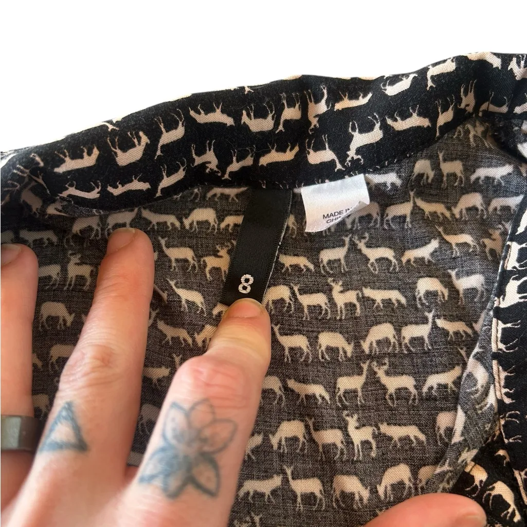 Deer Print Babydoll Mini Shirt Button up Black and White Dress - Image 3