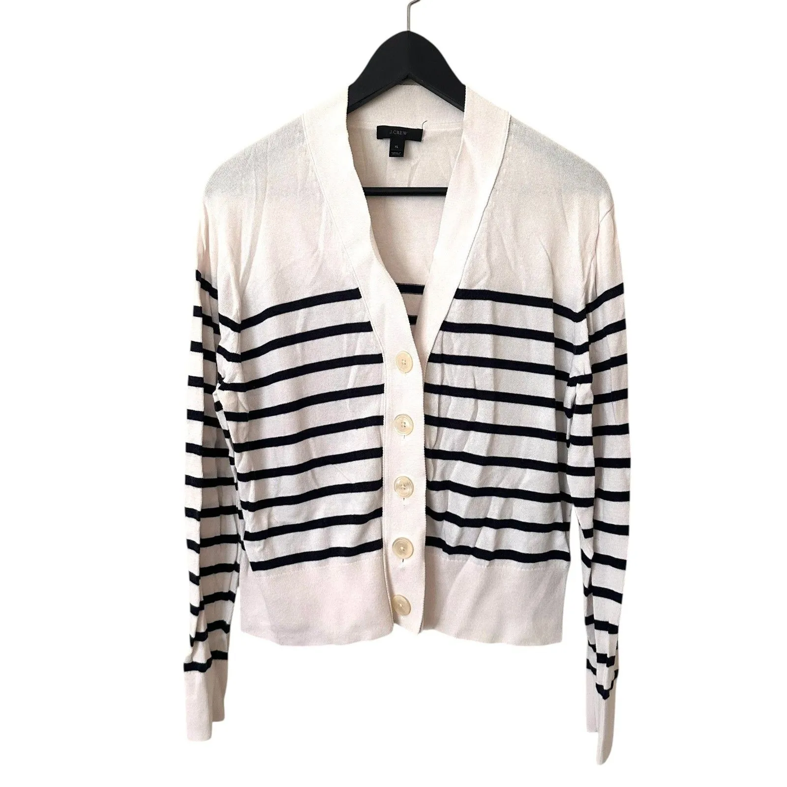 JCREW Striped Cropped Button Front Cardigan White Navy X-Large - Image 2