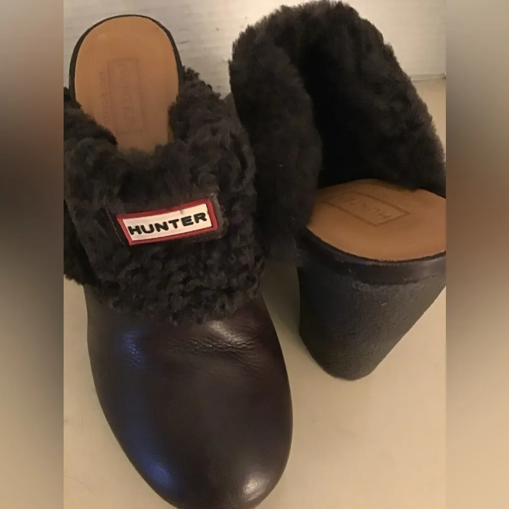 Hunter Original women brown leather fur trim Bruson mule shoes US 7.5 Euro 38 - Image 3