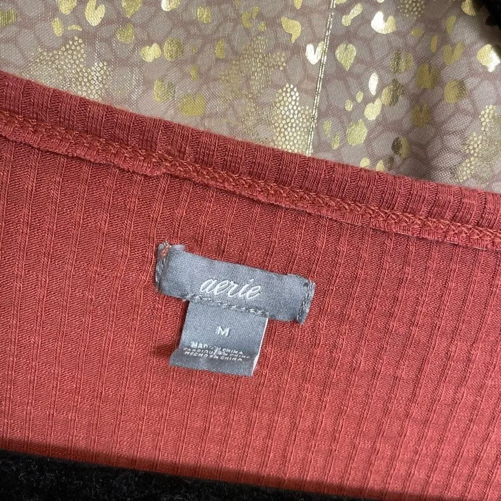 Aerie Women’s Medium Long Sleeve Button Down Burnt Orange Red Bodysuit Stretch - Image 4