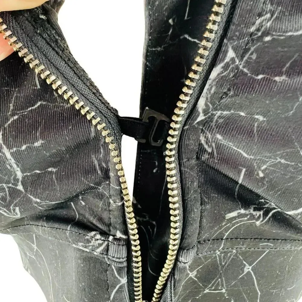 Lynx Black White Marble Zip Front Crossback Sports Bra Womens Small - Image 4