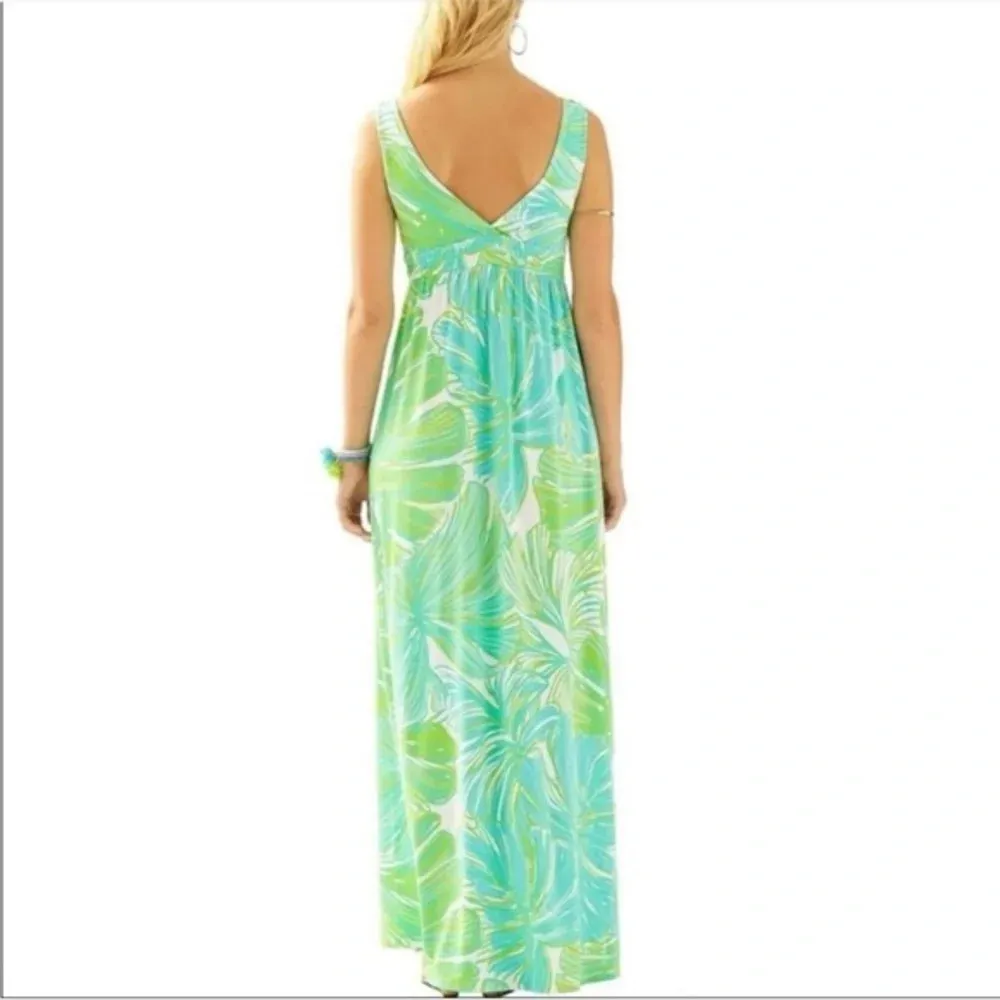 Lilly Pulitzer Isla Green Sheen Fronds Place Tassel Tie Jersey Long Maxi Dress - Image 3