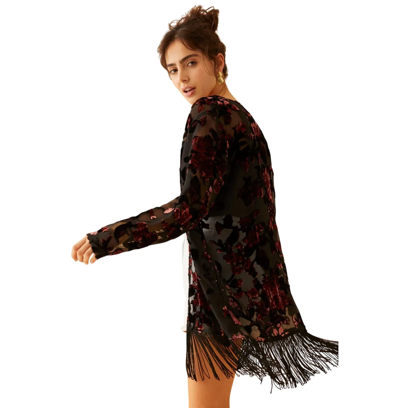 NWT Boho Fringed Burnout Velvet Kimono Jacket by Bohera Medium Brown - Image 4