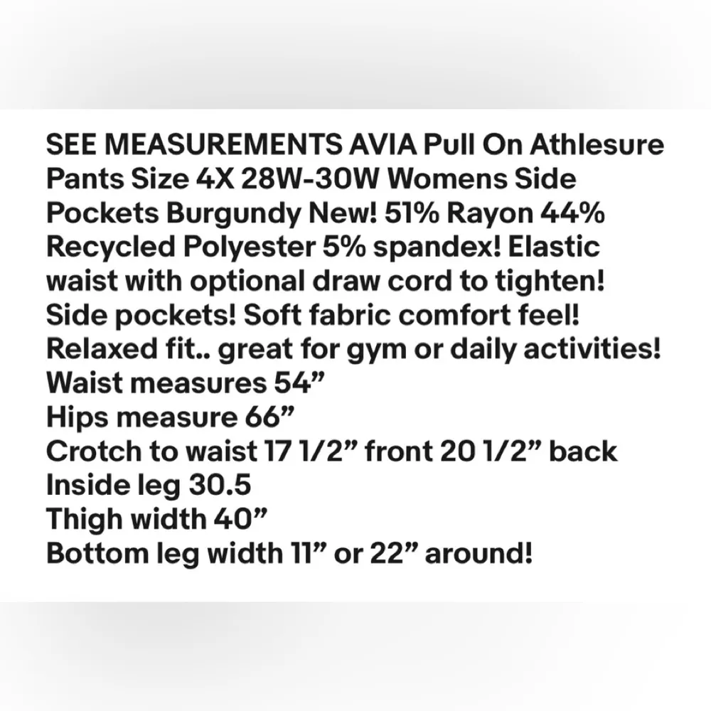 AVIA Pull On Athlesure Pants Size 4X 28W-30W Womens Side Pockets Burgundy New - Image 8