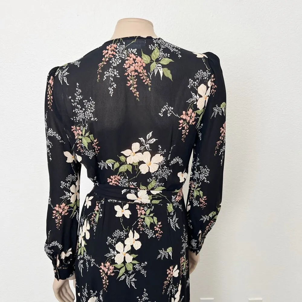 [Reformation] Black Floral Print Susanna Long Sleeve Wrap Midi Dress Sz Large L - Image 5