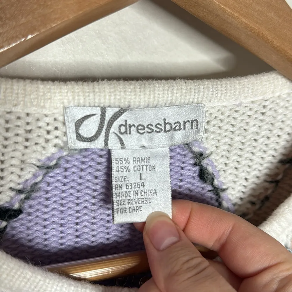 Vintage Dressbarn 90s Zip up Argyle White Tan Purple Chunky Knit Sweater size L - Image 10