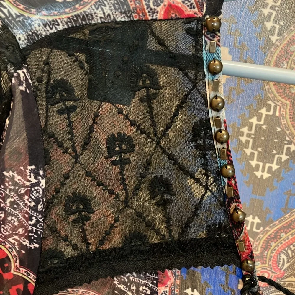 V Christina paisley sheer beaded,lace,tassels Boho tunic 22x 31 Size L - Image 3