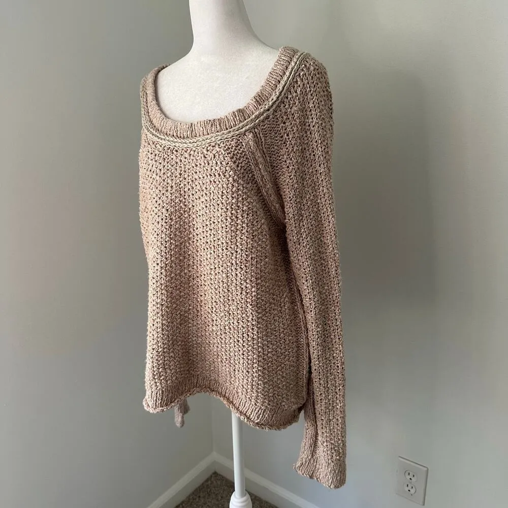 Free People light pink/tan chunky knit long sleeve sweater size L - Image 3