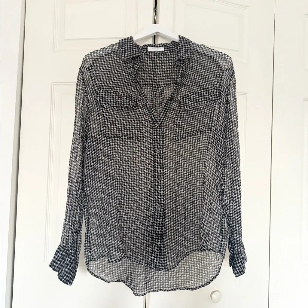 Equipment Femme Signature Silk Black White Houndstooth Sheer Button Down Blouse - Image 3