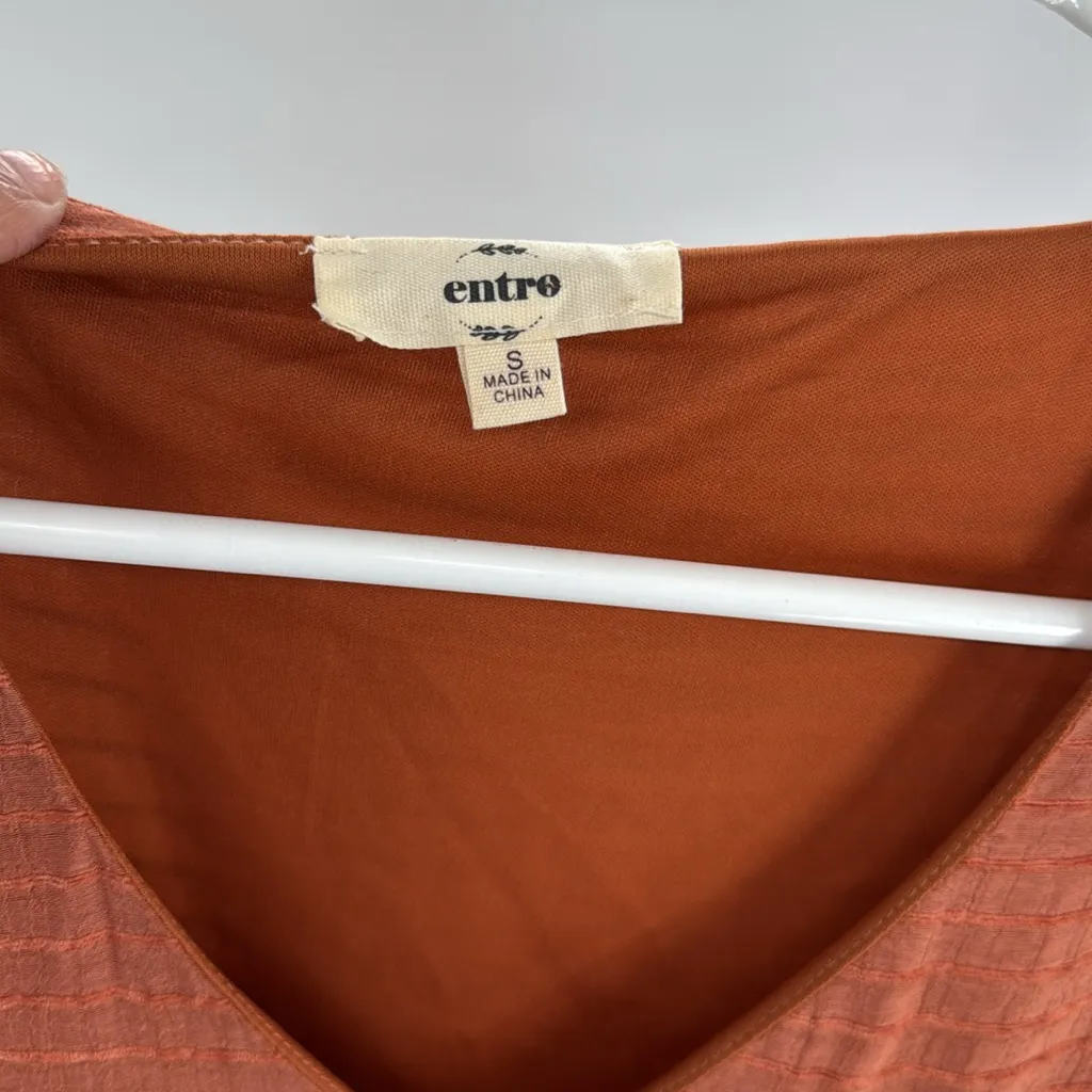 Entro Terracotta V-Neck textured tiered lined Dress S rust puff long sleeve - Image 8