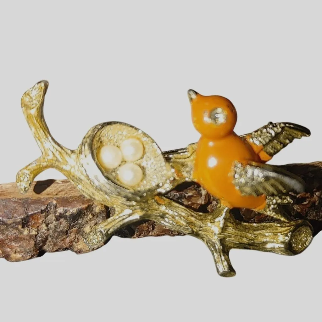 Bird Nest Branch Pin Brooch Vintage Gerrys Gold Tone Faux Pearls Nature Orange - Image 6