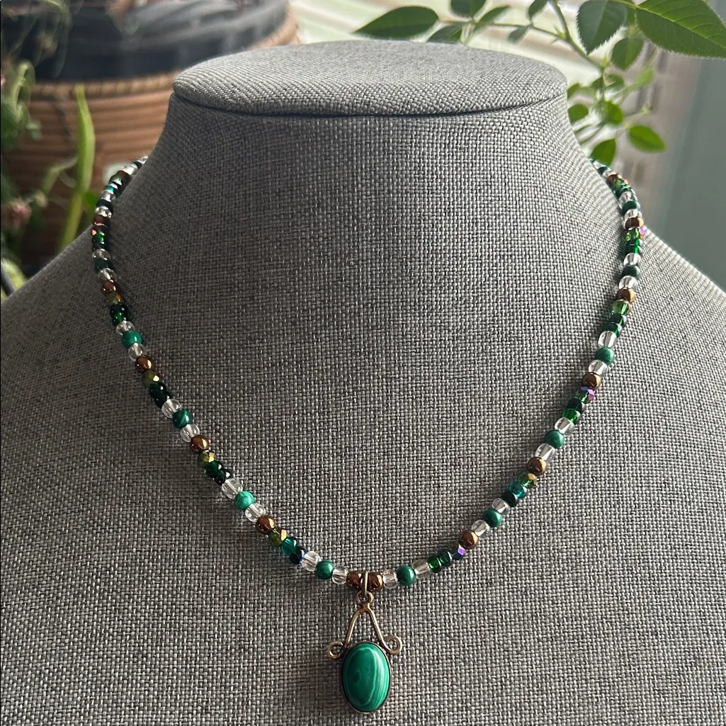 Handmade Malachite + Hematite Beaded Necklace with Malachite Pendant 💚 - Image 2
