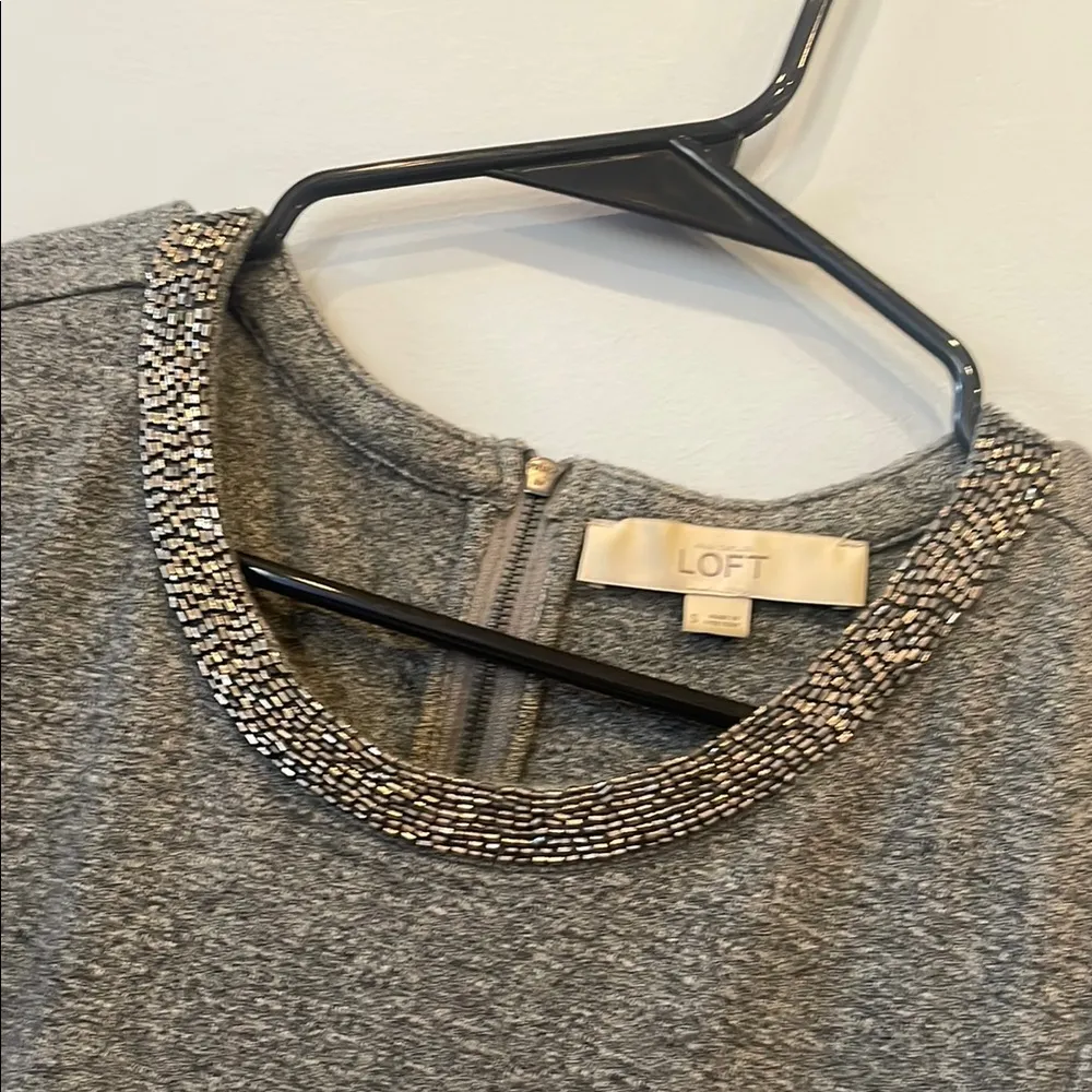 Gray Short Sleeve Dress with bedazzled neck loft size small - Image 2