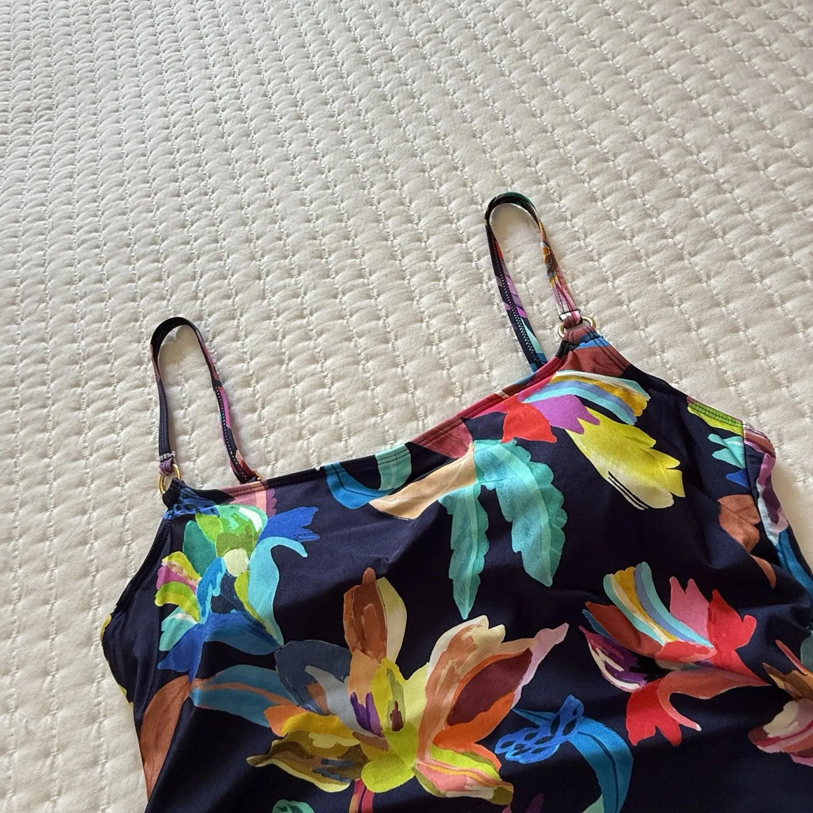 La Blanca Square Neck Ruched Tropical Flowers Blue Tankini Swim Top Sz 8 - Image 11