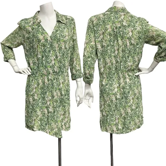 CAbi Leaf Print Faux Wrap Dress Womens Medium V-neck Collared Botanical Tropical - Image 2