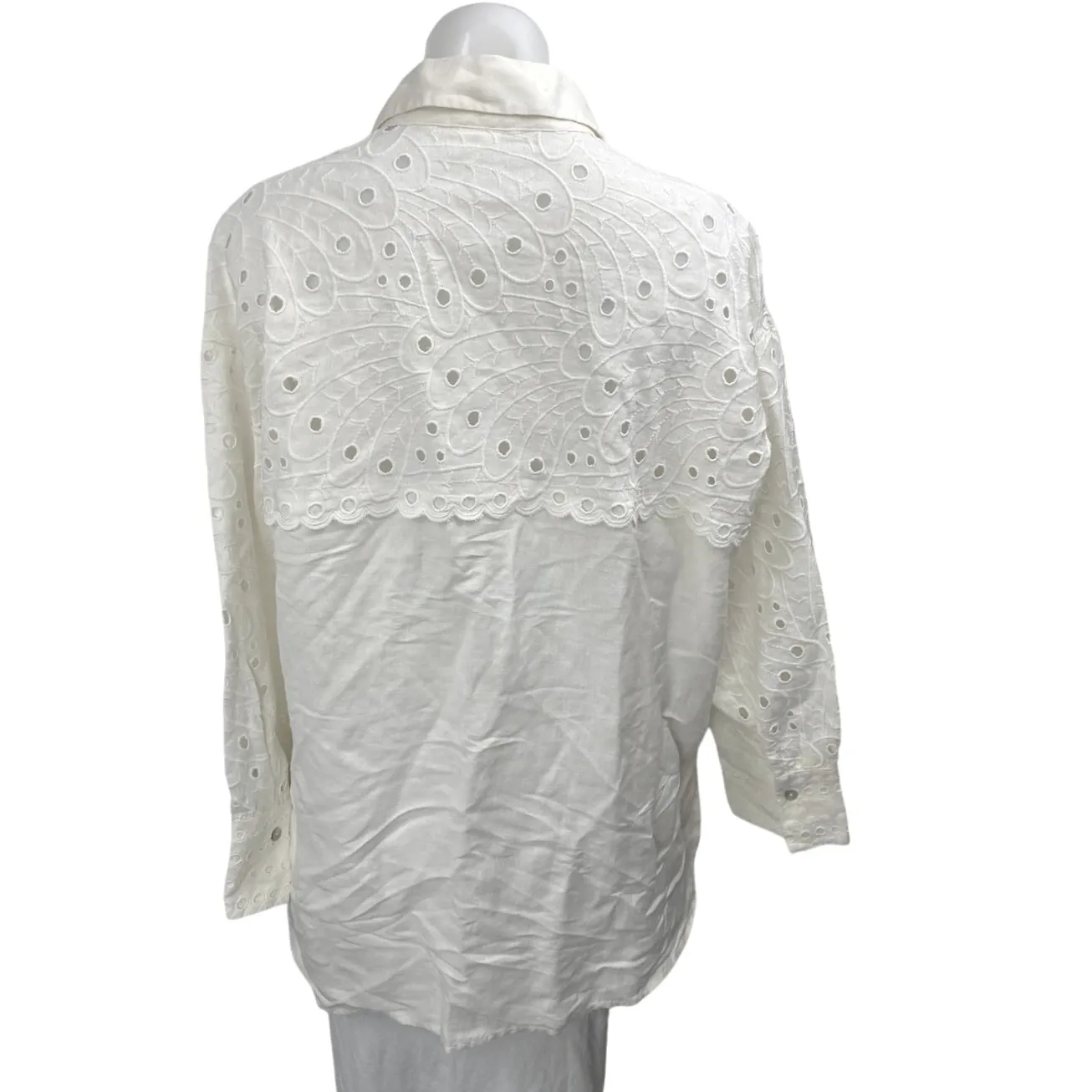S. Oliver Women's White Linen Embroidered Eyelet Long Sleeve Button Down Shirt 6 - Image 2